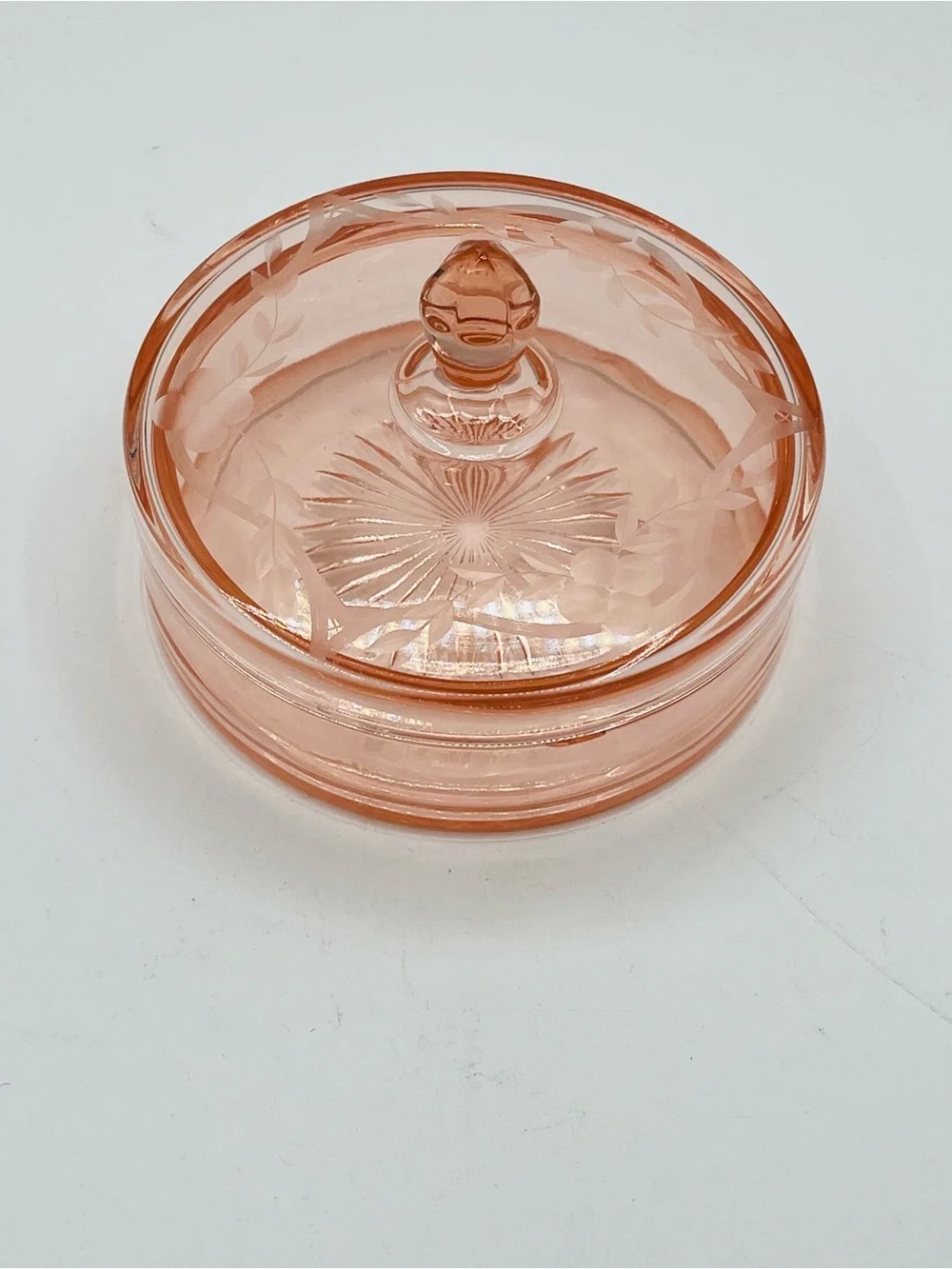 Peach Pink Pressed Glass Covered Trinket Dish